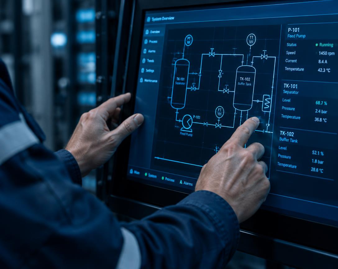 Technicien analysant le schéma technique d'une application sur un écran de contrôle